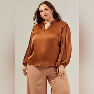 NWT Sugarlips Hathaway Split Neck Long Sleeve Blouse Orange Bronze Size 1X